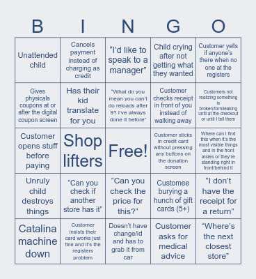 Cashier Bingo Card