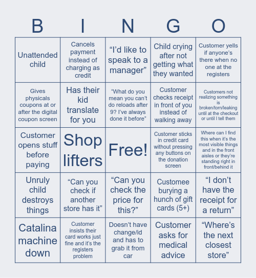 Cashier Bingo Card