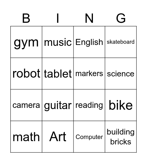 Vocabulary Bingo Card