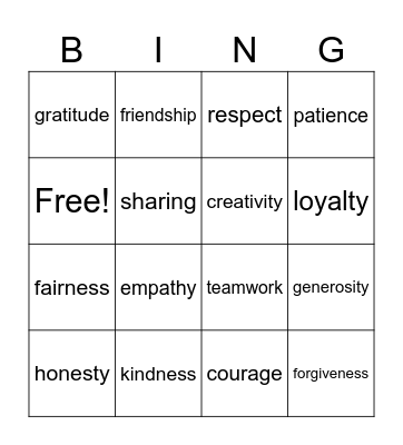 VALUES Bingo Card