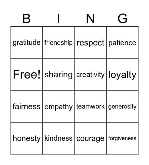 VALUES Bingo Card