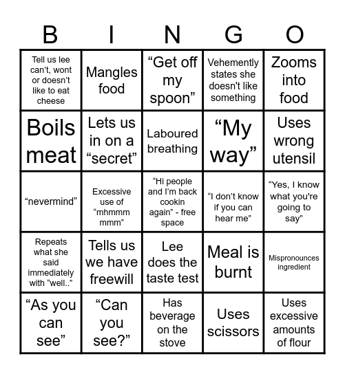 Kays Cooking Bingo Card