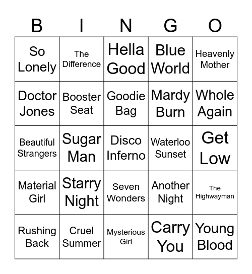 Oct: Songs with 2 word titles Bingo Card