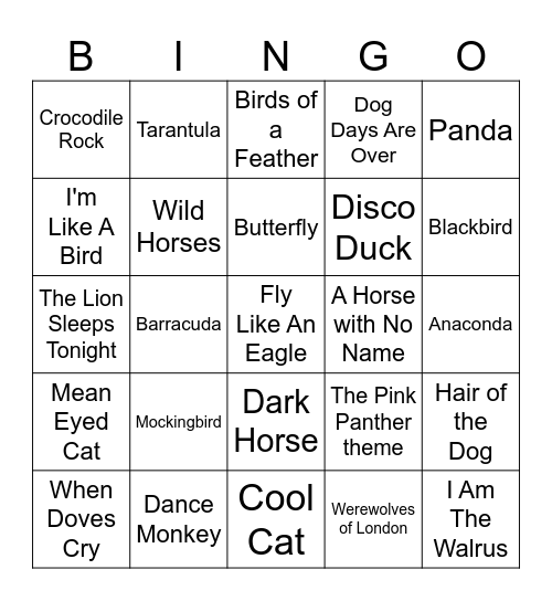 Oct: Songs Animal Names Bingo Card