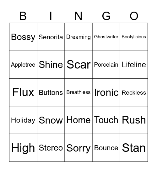 Oct Songs with 1 word titles Bingo Card