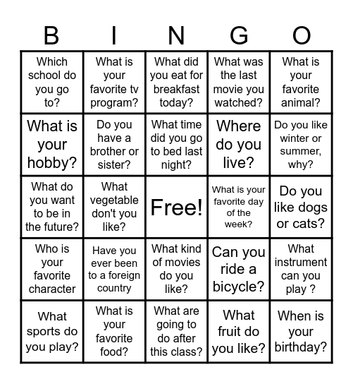 ESL Conversation Bingo Card