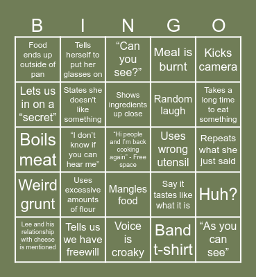 Kays Cooking Bingo Card