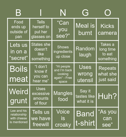 Kays Cooking Bingo Card
