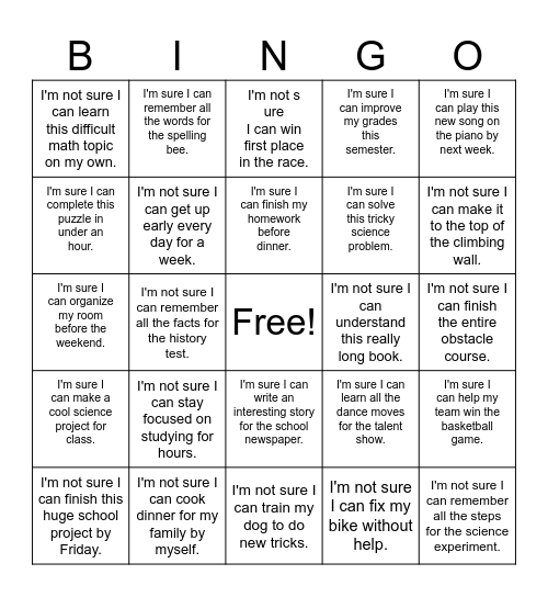 I'm not sure I can Bingo Card