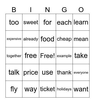1BK words unit 2 Bingo Card