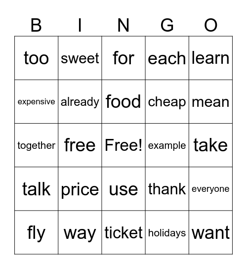 1BK words unit 2 Bingo Card