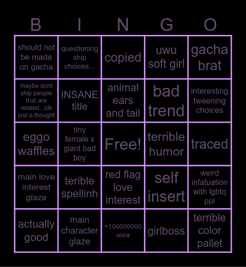 gacha cringe bingo Card