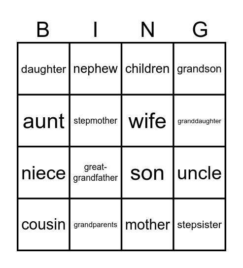 Family members Bingo Card