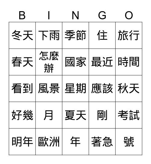 實用華語B1 L12 Bingo Card