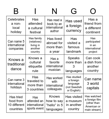 Cultural Bingo Card