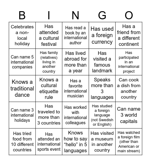 Cultural Bingo Card