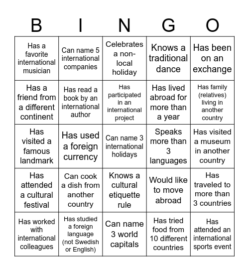 Cultural Bingo Card