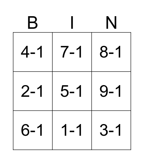 Subtract 1 with facts Bingo Card