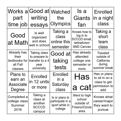 Get to Know Your FYE Classmates Bingo Card