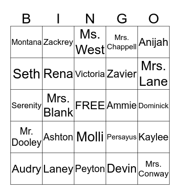 Our Class Family Bingo Card