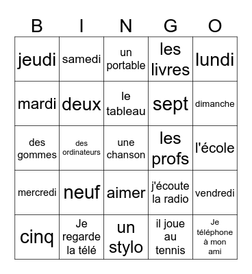 En français Bingo Card