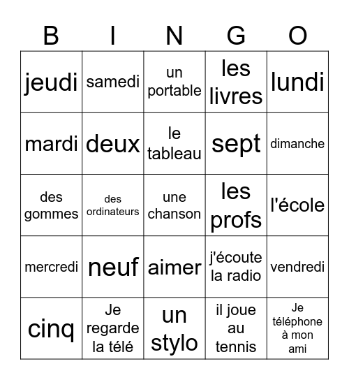 En français Bingo Card