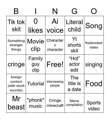 YouTube shorts Bingo Card