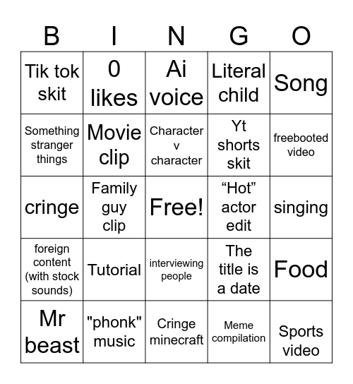 YouTube shorts Bingo Card