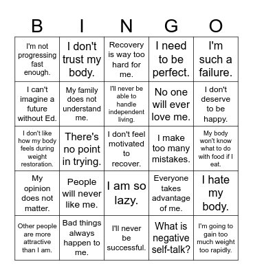 Challenging Negative Thoughts Bingo Card