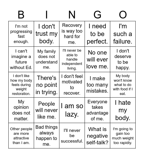 Challenging Negative Thoughts Bingo Card