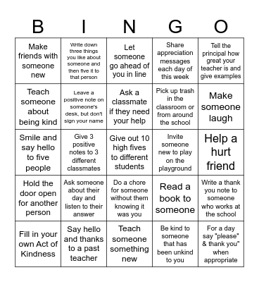 Random Acts of kindness Bingo Card