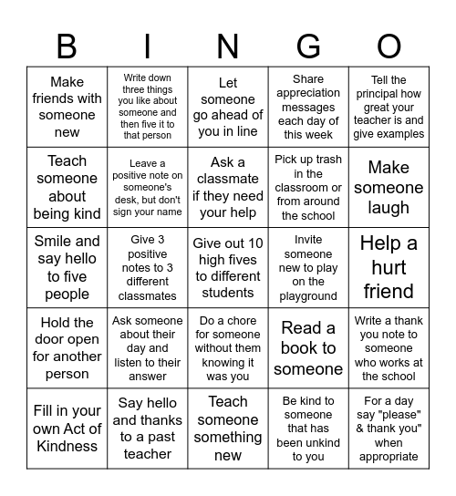 Random Acts of kindness Bingo Card