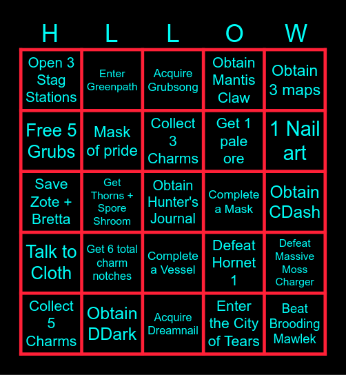 Hollow Knight Race Bingo Card