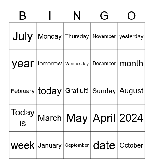 le calendrier Bingo Card