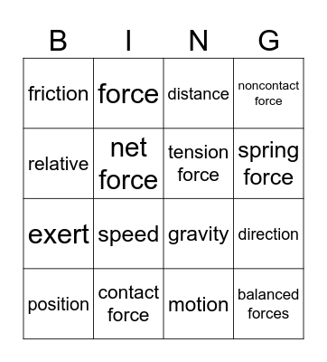 Motion and Forces Bingo Card