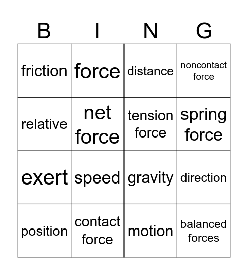 Motion and Forces Bingo Card