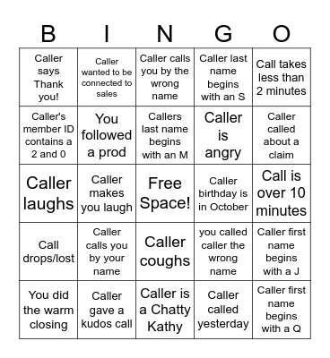 Call Center BINGO! Bingo Card