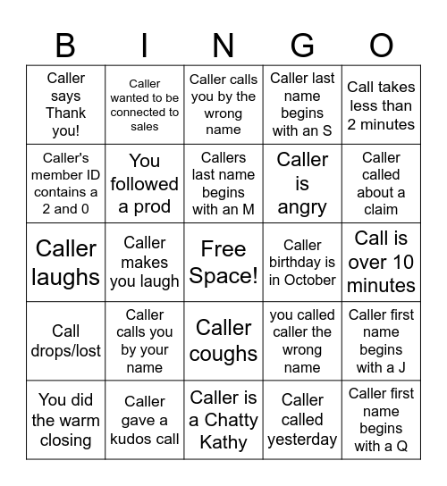 Call Center BINGO! Bingo Card