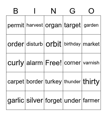 2 syllable words Bingo Card