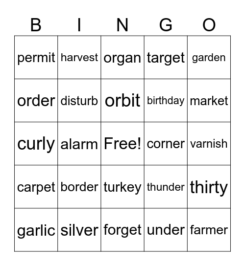 2 syllable words Bingo Card