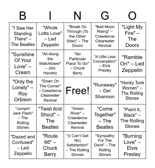 60s Rock & Roll Music Bingo Round #2 Bingo Card