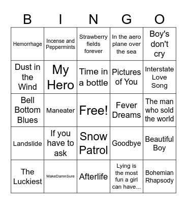 Stormies Rock Playlist Bingo Card