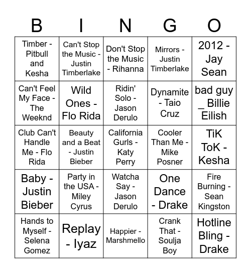 Music Bingo 10/18 Bingo Card