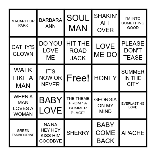 BEST OF THE 60'S Bingo Card