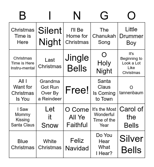 Holiday Song Bingo Card