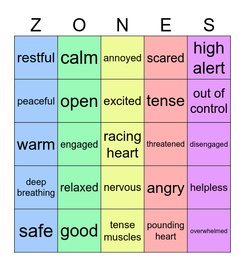 Zones of Regulation Bingo Card