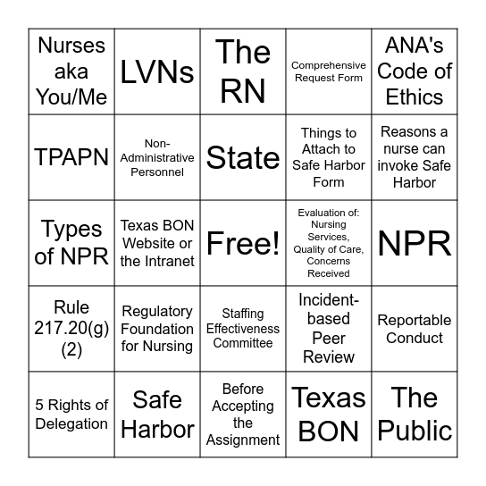 Professional Practice Bingo Card