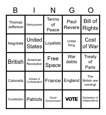 American Revolution Bingo Card