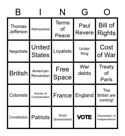 American Revolution Bingo Card