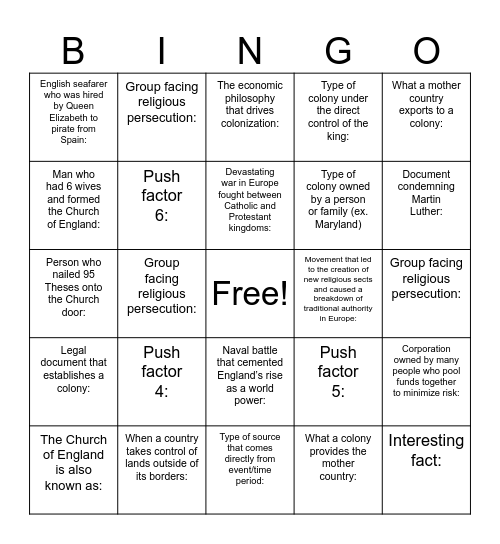 Colonization Bingo Card